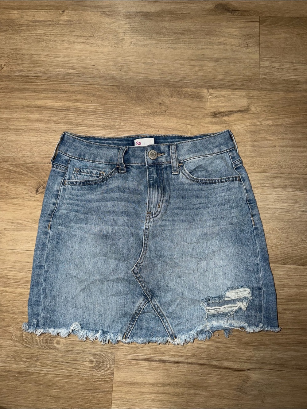 SO Light Blue Distressed Denim Mini Skirt